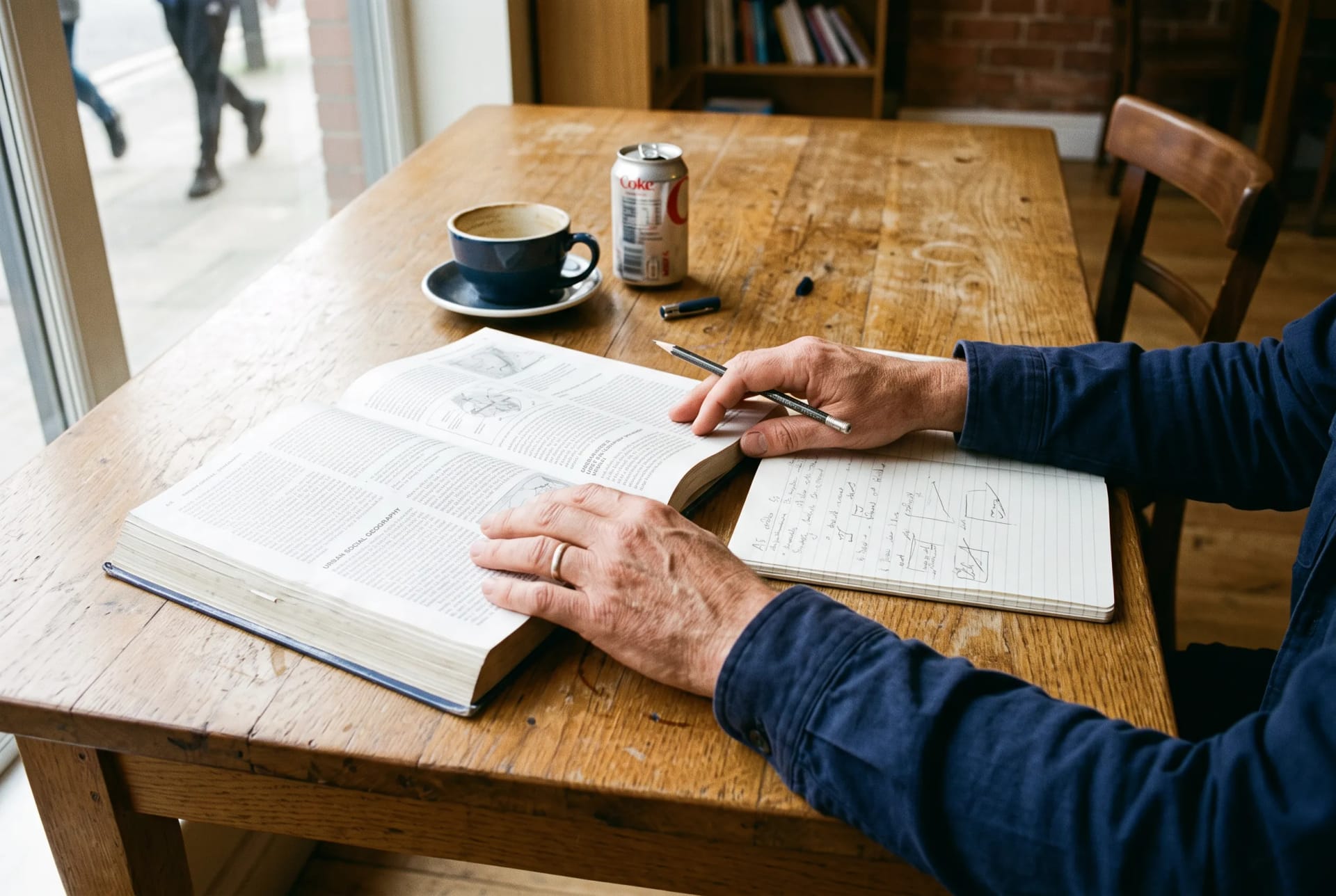 Hands, open books and a notebook during a study-support mentoring session in Levenshulme, Manchester, no faces in frame