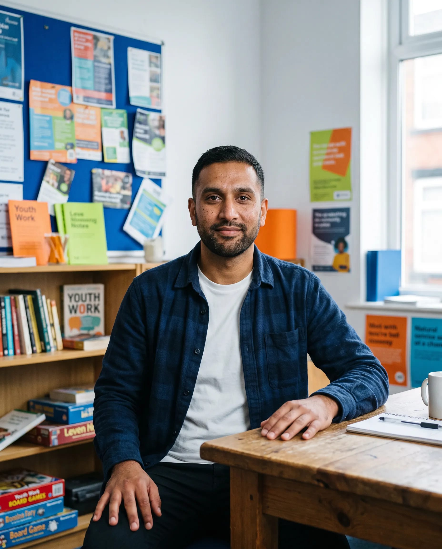 Rayhan Ahmed, youth mentor and teen coach, seated at the Beacon Community Rooms in Levenshulme, Manchester, open and steady
