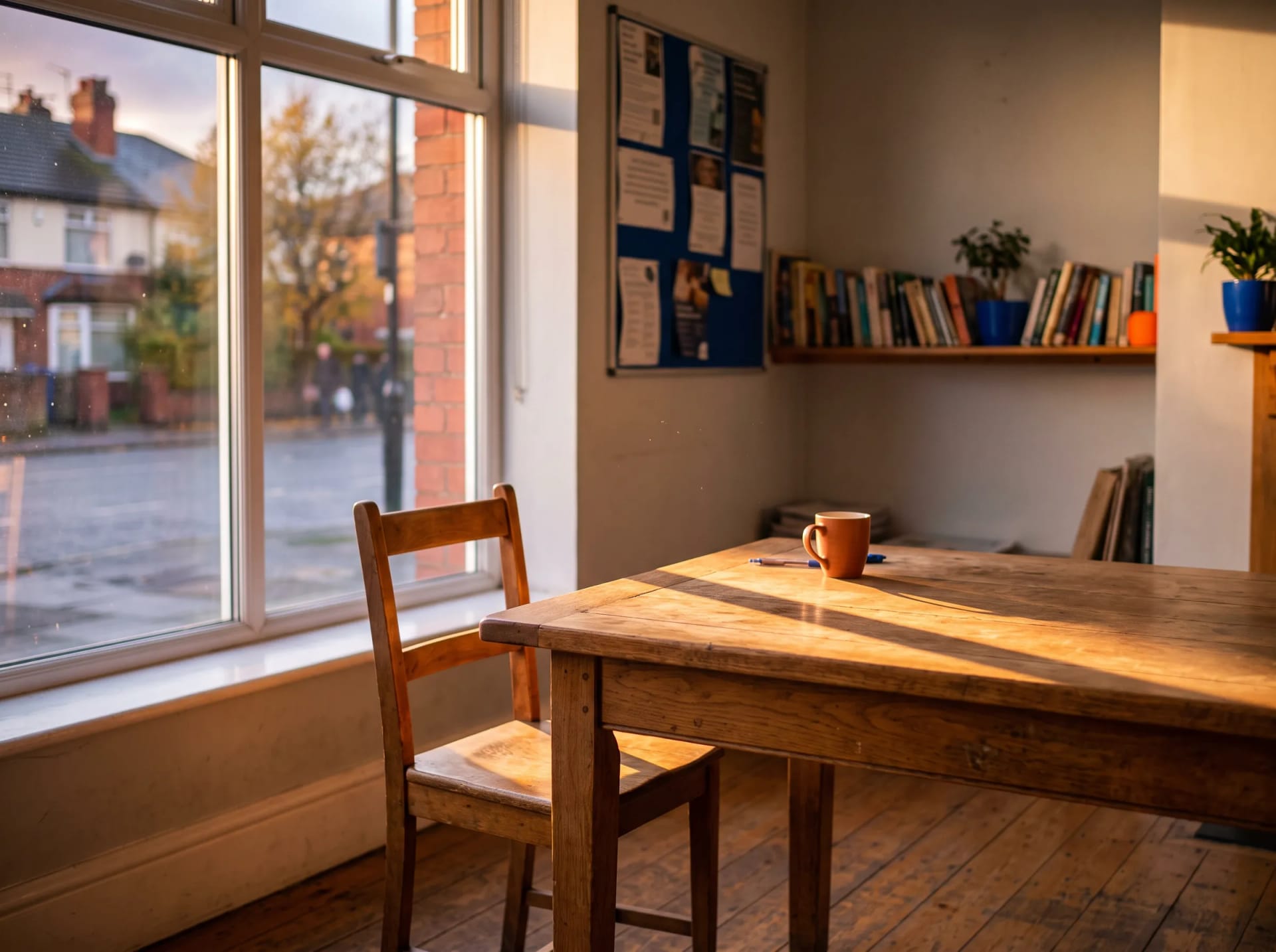 Rayhan Ahmed, youth mentor, in conversation across a table at a community space in Levenshulme, Manchester, the teenager visible only from behind