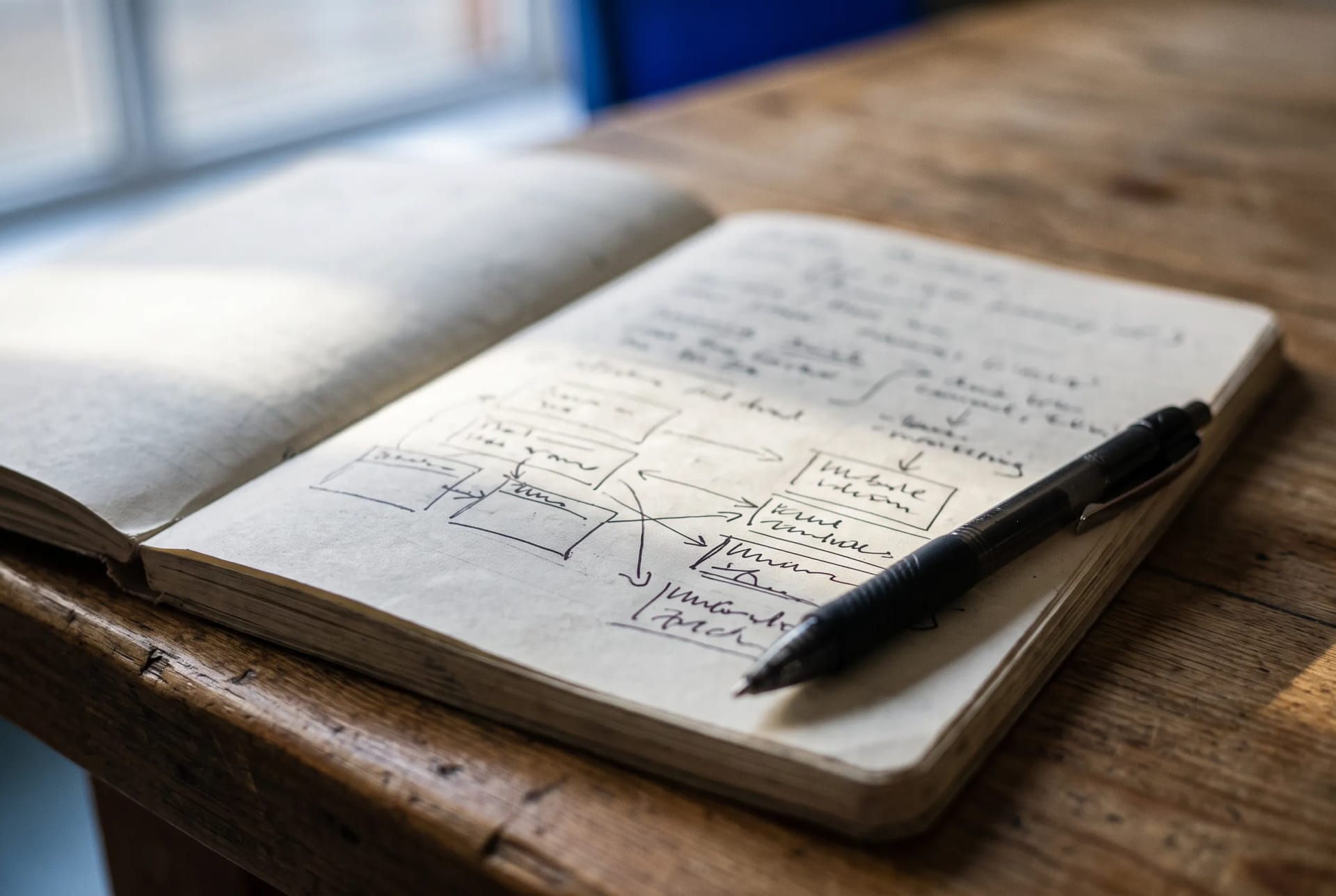 An open notebook with a simple ten-week plan sketched in it, on the mentoring table in Levenshulme, Manchester