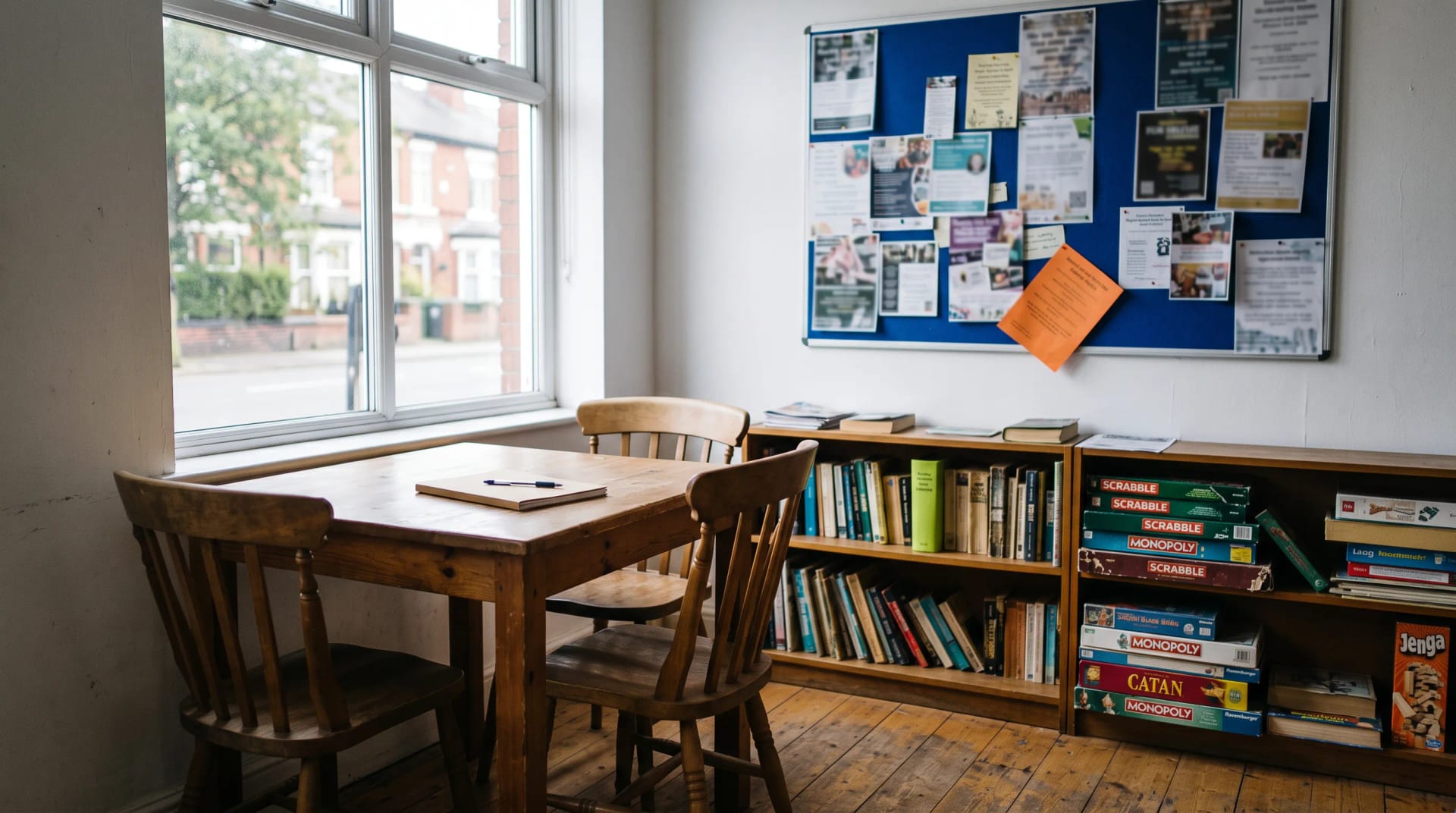 The mentoring table at the Beacon Community Rooms in Levenshulme, Manchester, set with two chairs and a notebook, no session in progress